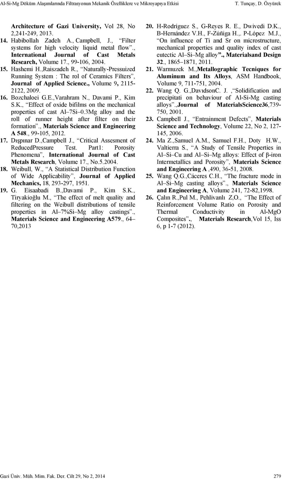 , Naturally-Pressuized Running System : The rol of Ceramics Filters, Journal of Applied Science., Volume 9, 2115-2122, 2009. 16. Bozchaloei G.E.,Varahram N., Davami P., Ki