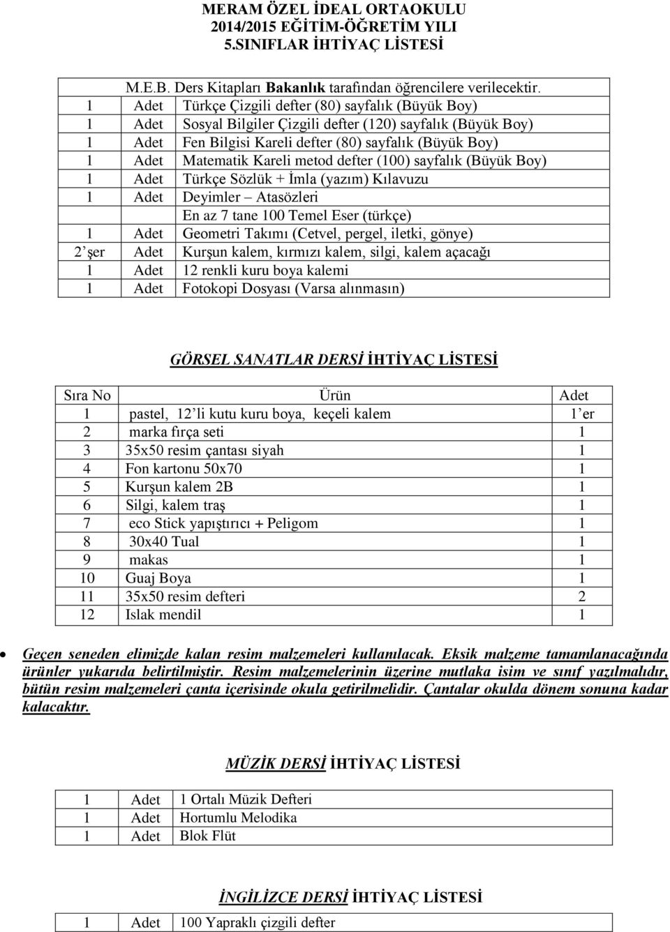 (Büyük Boy) 1 Adet Geometri Takımı (Cetvel, pergel, iletki, gönye) 2 şer Adet Kurşun kalem, kırmızı kalem,