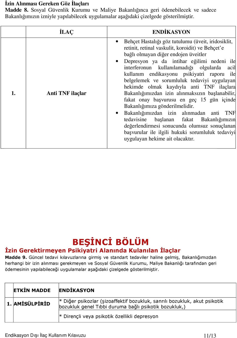 Anti TNF ilaçlar ENDKASYON Behçet Hastalıı göz tutulumu (üveit, iridosiklit, retinit, retinal vaskulit, koroidit) ve Behçet e balı olmayan dier endojen üveitler Depresyon ya da intihar eilimi nedeni