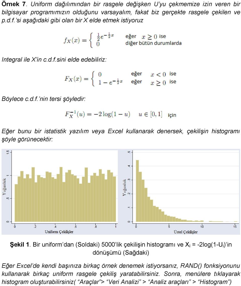 Bir uniform dan (Soldaki) 5000 lik çekilişin histogramı ve X i = -2log(1-U i ) in dönüşümü (Sağdaki) Eğer Excel de kendi başınıza birkaç örnek denemek istiyorsanız, RAND() fonksiyonunu