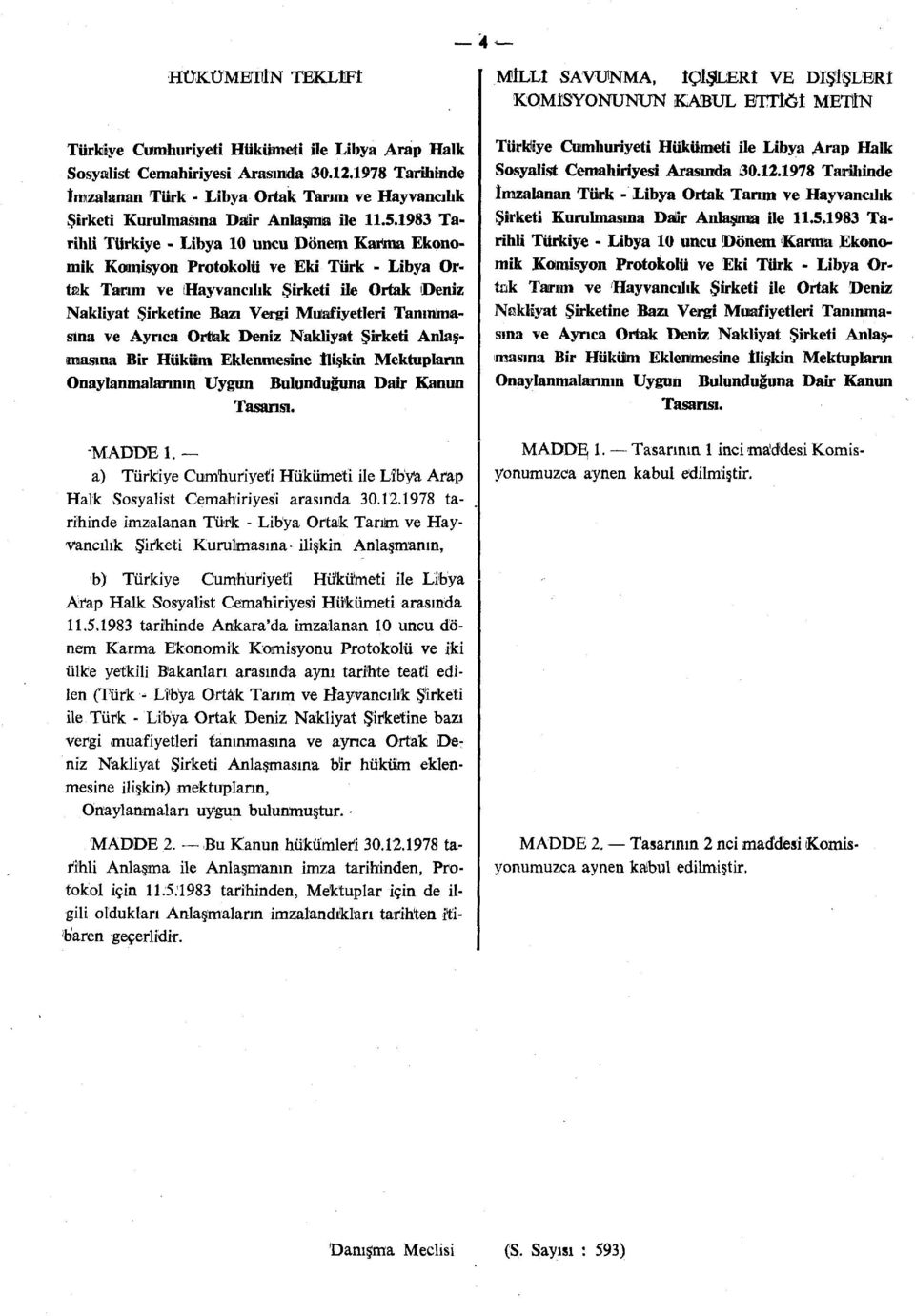 1983 Tarihli Türkiye - Libya 10 uncu Dönem Karma Ekonomik Komisyon Protokolü ve Eki Türk - Libya Ortak Tarım ve Hayvancılık Şirketi ile Ortak Deniz Nakliyat Şirketine Bazı Vergi Muafiyetleri