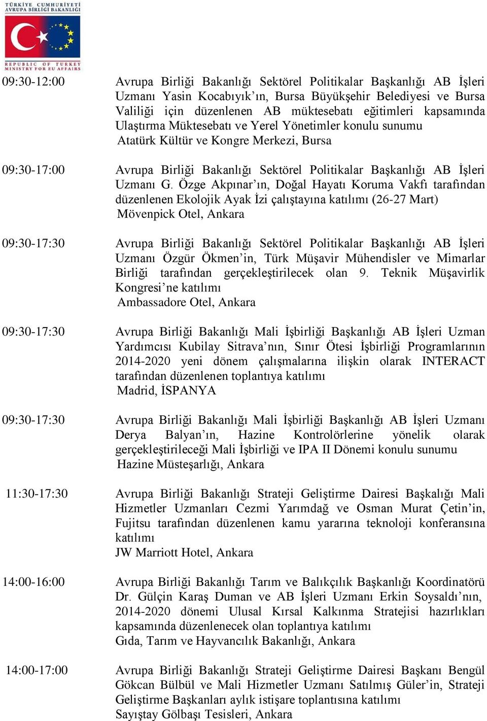 Özge Akpınar ın, Doğal Hayatı Koruma Vakfı tarafından düzenlenen Ekolojik Ayak İzi çalıştayına katılımı (26-27 Mart) Mövenpick Otel, Ankara 09:30-17:30 Avrupa Birliği Bakanlığı Sektörel Politikalar