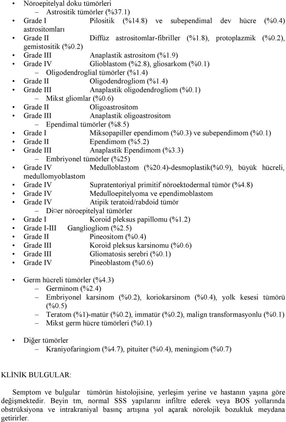 4) Grade III Anaplastik oligodendrogliom (%0.1) Mikst gliomlar (%0.6) Grade II Oligoastrositom Grade III Anaplastik oligoastrositom Ependimal tümörler (%8.5) Grade I Miksopapiller ependimom (%0.