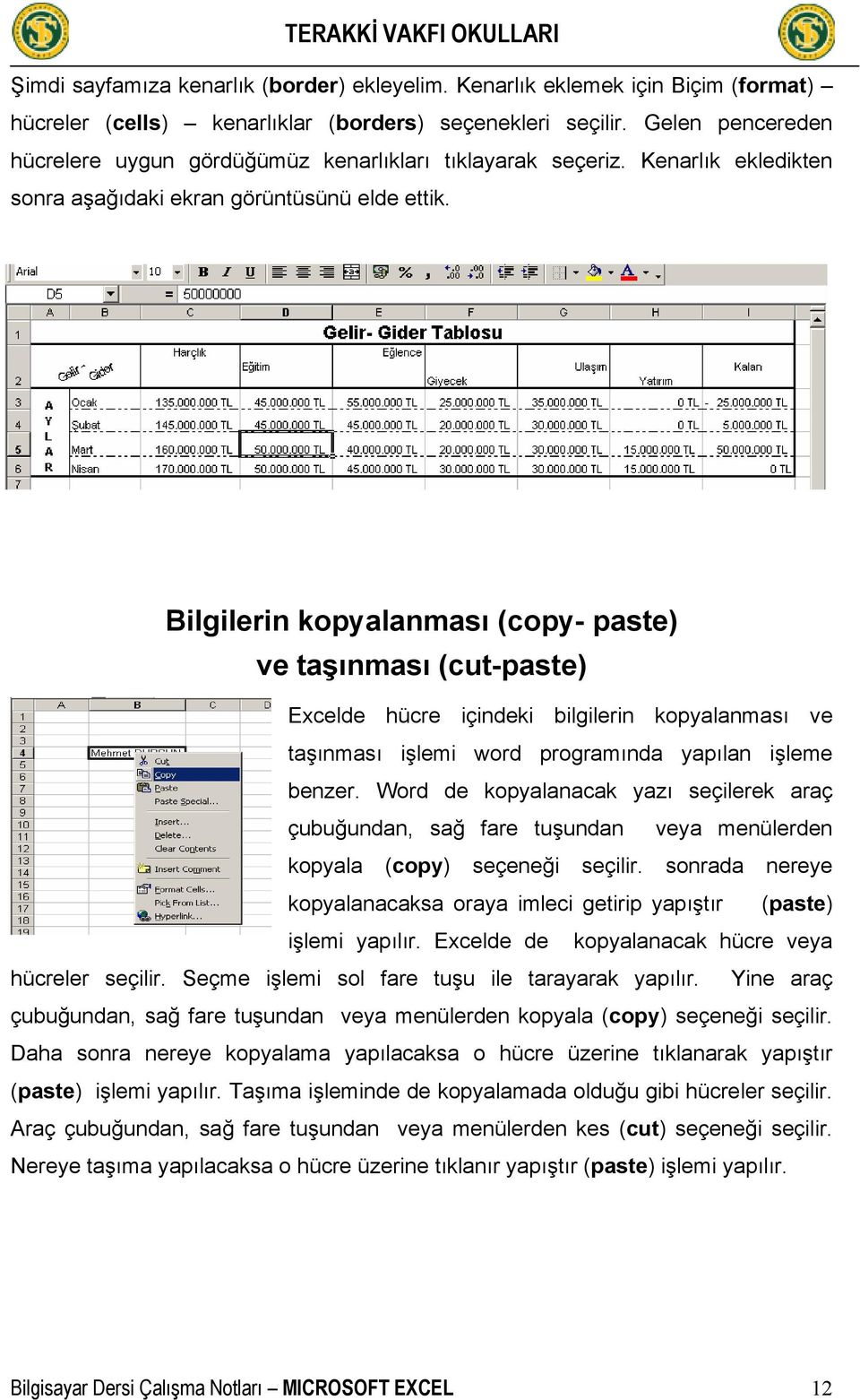 Bilgilerin kopyalanması (copy- paste) ve taşınması (cut-paste) Excelde hücre içindeki bilgilerin kopyalanması ve taşınması işlemi word programında yapılan işleme benzer.