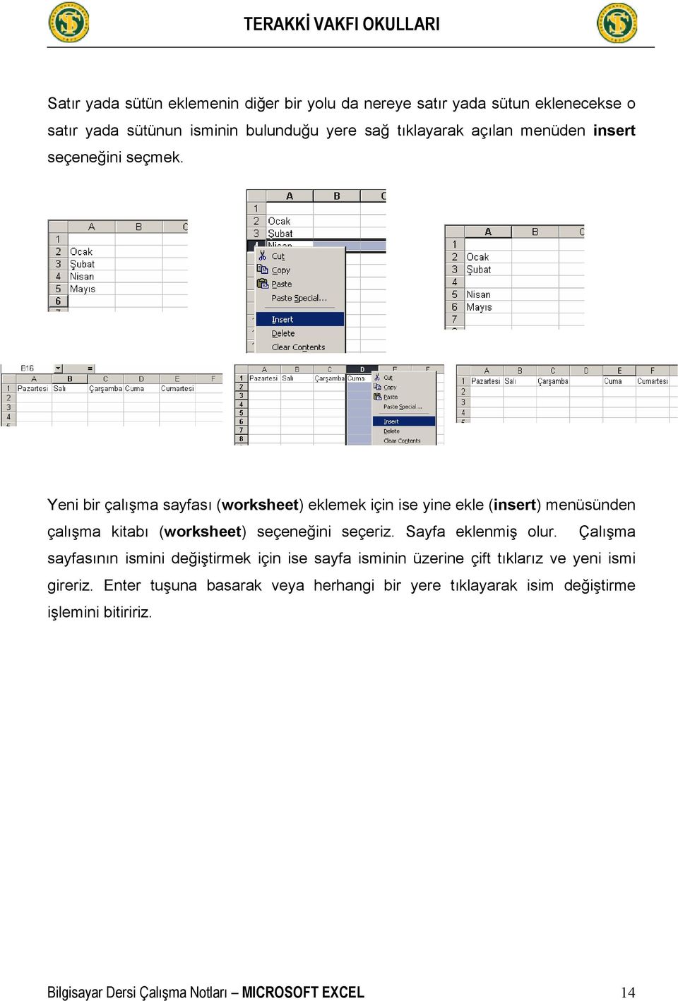 Yeni bir çalışma sayfası (worksheet) eklemek için ise yine ekle (insert) menüsünden çalışma kitabı (worksheet) seçeneğini seçeriz.
