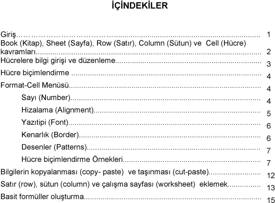 .. 4 Hizalama (Alignment)... 5 Yazıtipi (Font)... 6 Kenarlık (Border)... 6 Desenler (Patterns)... 7 Hücre biçimlendirme Örnekleri.