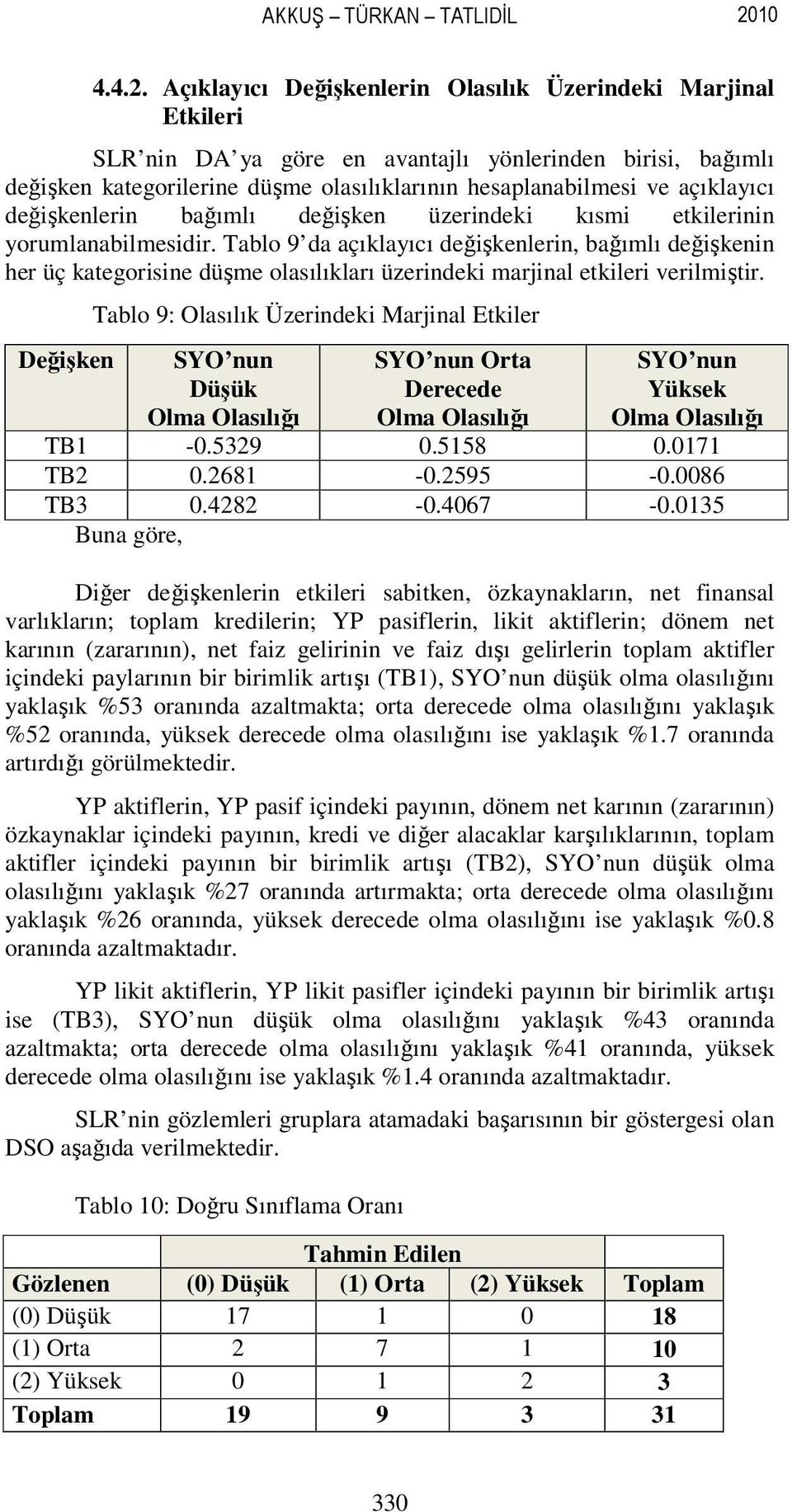 Açıklayıcı Değişkenlerin Olasılık Üzerindeki Marjinal Etkileri SLR nin DA ya göre en avantajlı yönlerinden birisi, bağımlı değişken kategorilerine düşme olasılıklarının hesaplanabilmesi ve açıklayıcı