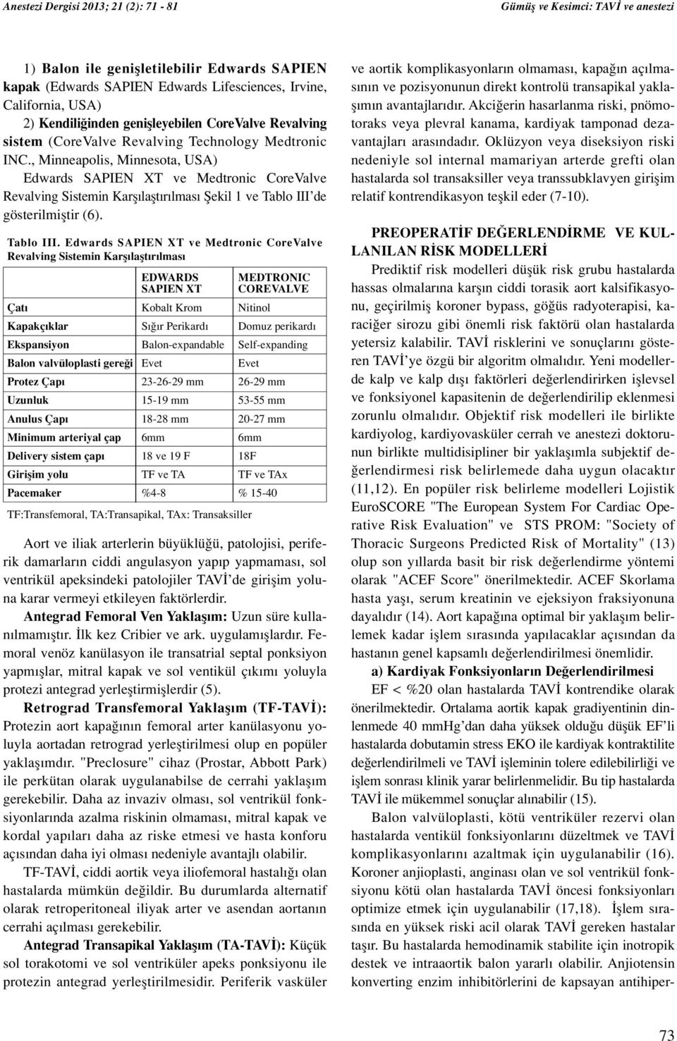 , Minneapolis, Minnesota, USA) Edwards SAPIEN XT ve Medtronic CoreValve Revalving Sistemin Karfl laflt r lmas fiekil 1 ve Tablo III 