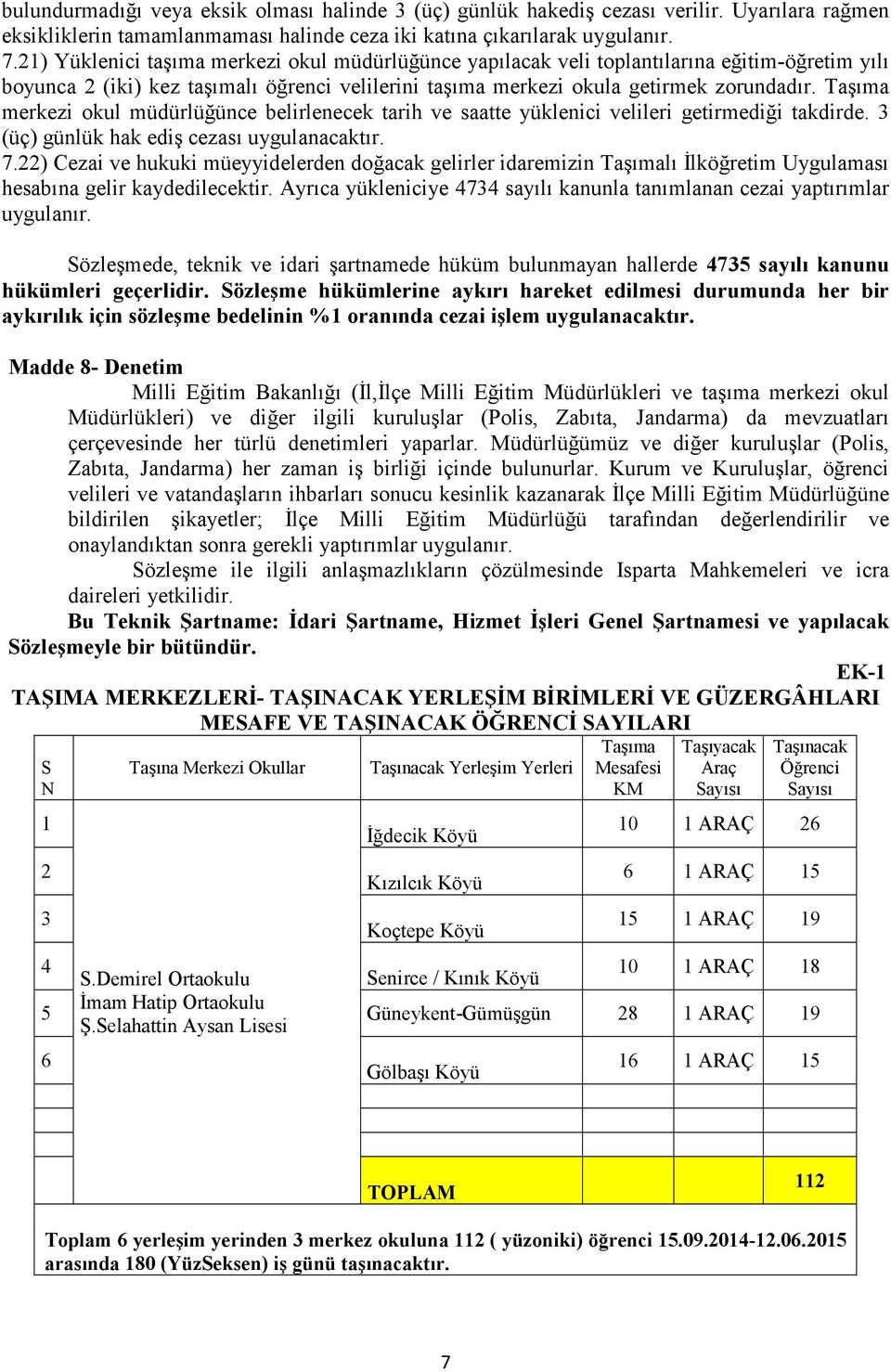 Taşıma merkezi okul müdürlüğünce belirlenecek tarih ve saatte yüklenici velileri getirmediği takdirde. 3 (üç) günlük hak ediş cezası uygulanacaktır. 7.