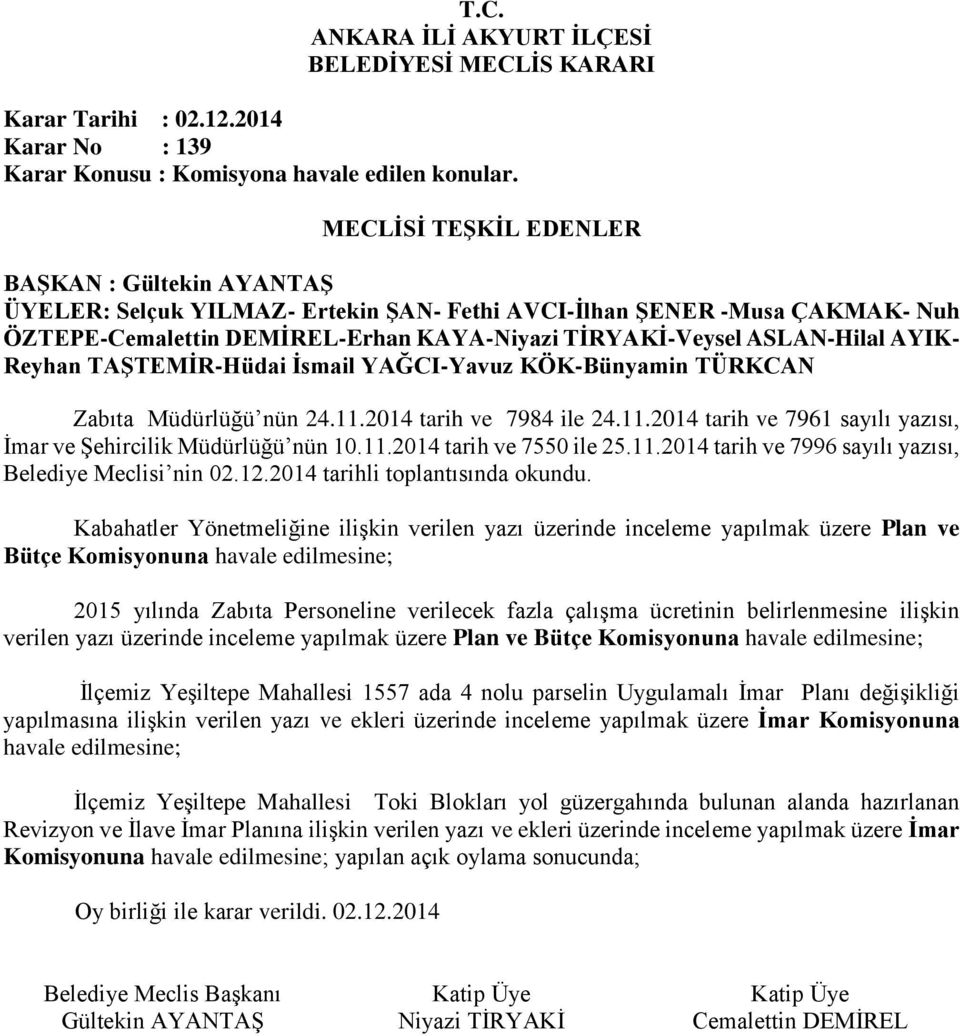 Kabahatler Yönetmeliğine ilişkin verilen yazı üzerinde inceleme yapılmak üzere Plan ve Bütçe Komisyonuna havale edilmesine; 2015 yılında Zabıta Personeline verilecek fazla çalışma ücretinin