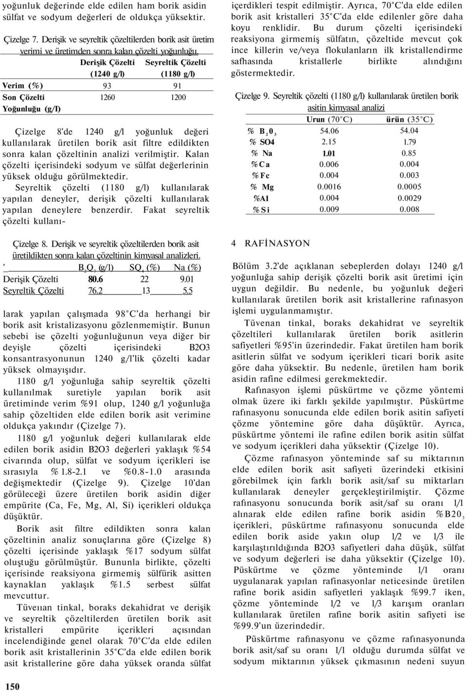 Derişik Çözelti Seyreltik Çözelti (1240 g/l) (1180 g/l) Verim (%) Son Çözelti Yoğunluğu (g/i) 93 1260 91 1200 Çizelge 8'de 1240 g/l yoğunluk değeri kullanılarak üretilen borik asit filtre edildikten