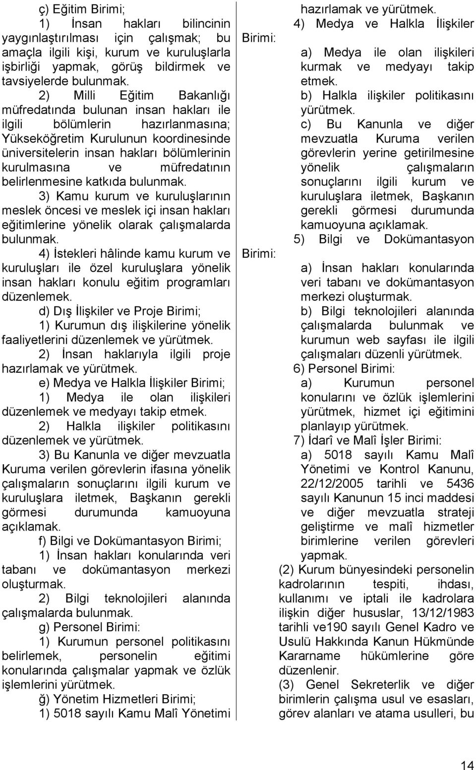 müfredatının belirlenmesine katkıda bulunmak. 3) Kamu kurum ve kuruluşlarının meslek öncesi ve meslek içi insan hakları eğitimlerine yönelik olarak çalışmalarda bulunmak.