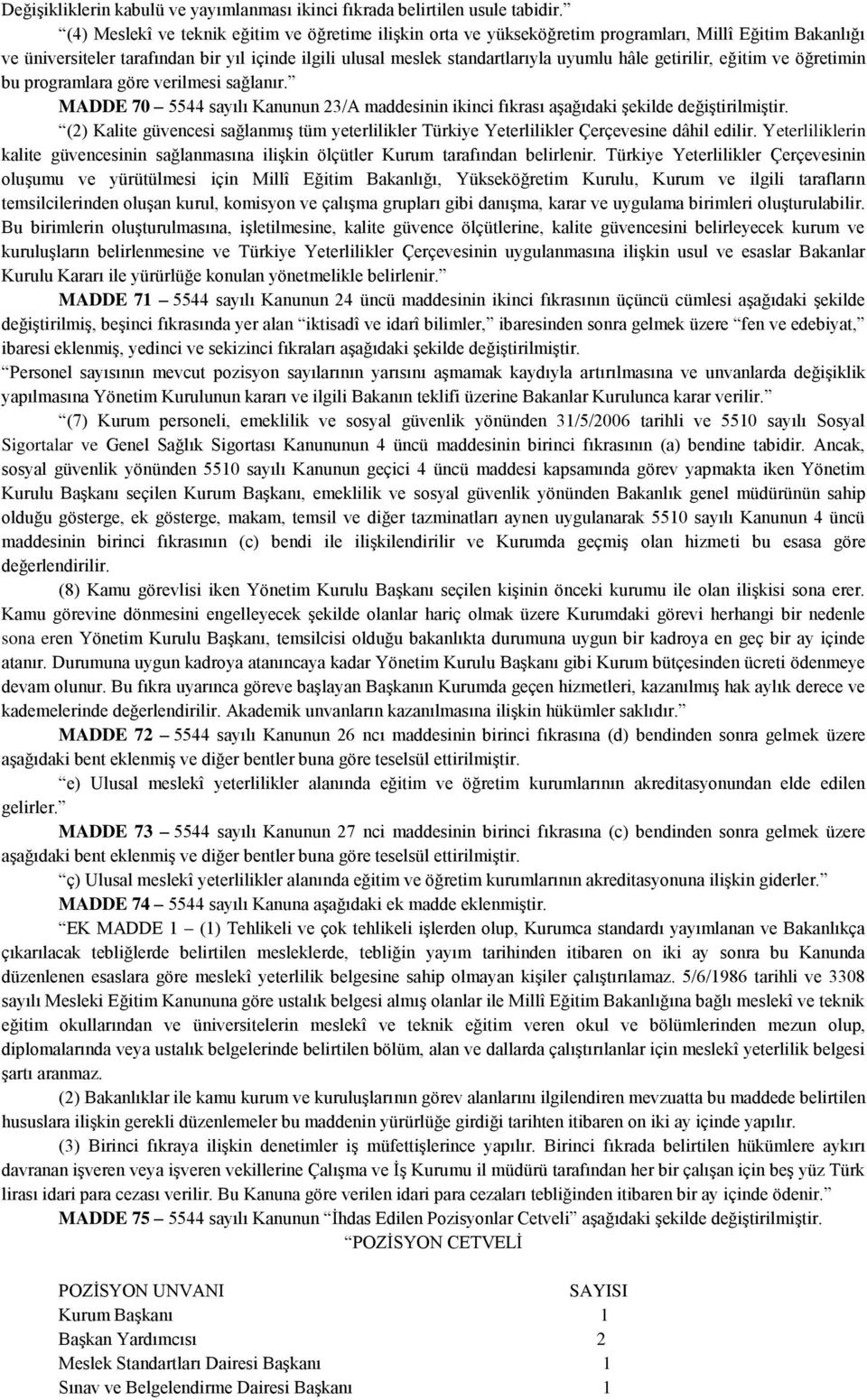 getirilir, eğitim ve öğretimin bu programlara göre verilmesi sağlanır. MADDE 70 5544 sayılı Kanunun 23/A maddesinin ikinci fıkrası aşağıdaki şekilde değiştirilmiştir.