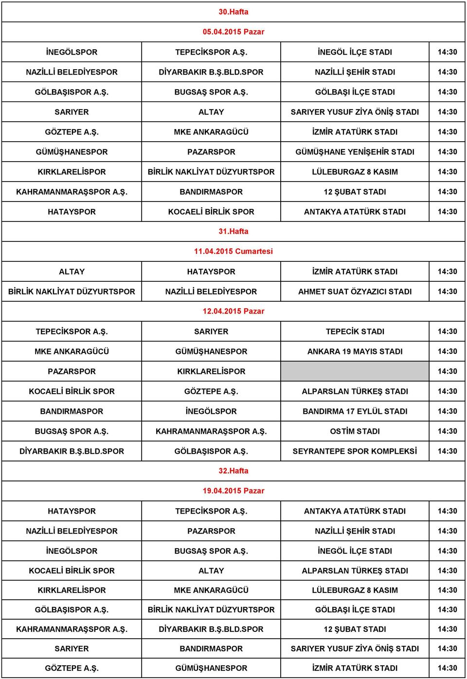 Hafta 11.04.2015 Cumartesi ALTAY HATAYSPOR İZMİR ATATÜRK STADI 14:30 BİRLİK NAKLİYAT DÜZYURTSPOR NAZİLLİ BELEDİYESPOR AHMET SUAT ÖZYAZICI STADI 14:30 TEPECİKSPOR A.Ş. 12.04.2015 Pazar SARIYER TEPECİK STADI 14:30 MKE ANKARAGÜCÜ GÜMÜŞHANESPOR ANKARA 19 MAYIS STADI 14:30 PAZARSPOR KIRKLARELİSPOR 14:30 KOCAELİ BİRLİK SPOR GÖZTEPE A.