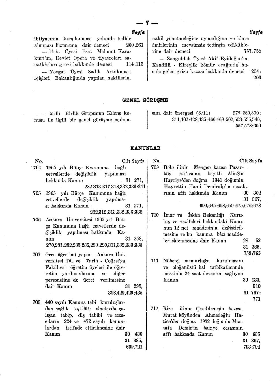 Kandilli - Kireçlik kömür ocağında husule gelen griızu kazası hakkında demeci 204: 206 GENEL GÖRÜŞME Millî Birlik Grupunun Kıbrıs konusu ile ilgili bir genel görüşme açılmasına dair önergesi (8/11)