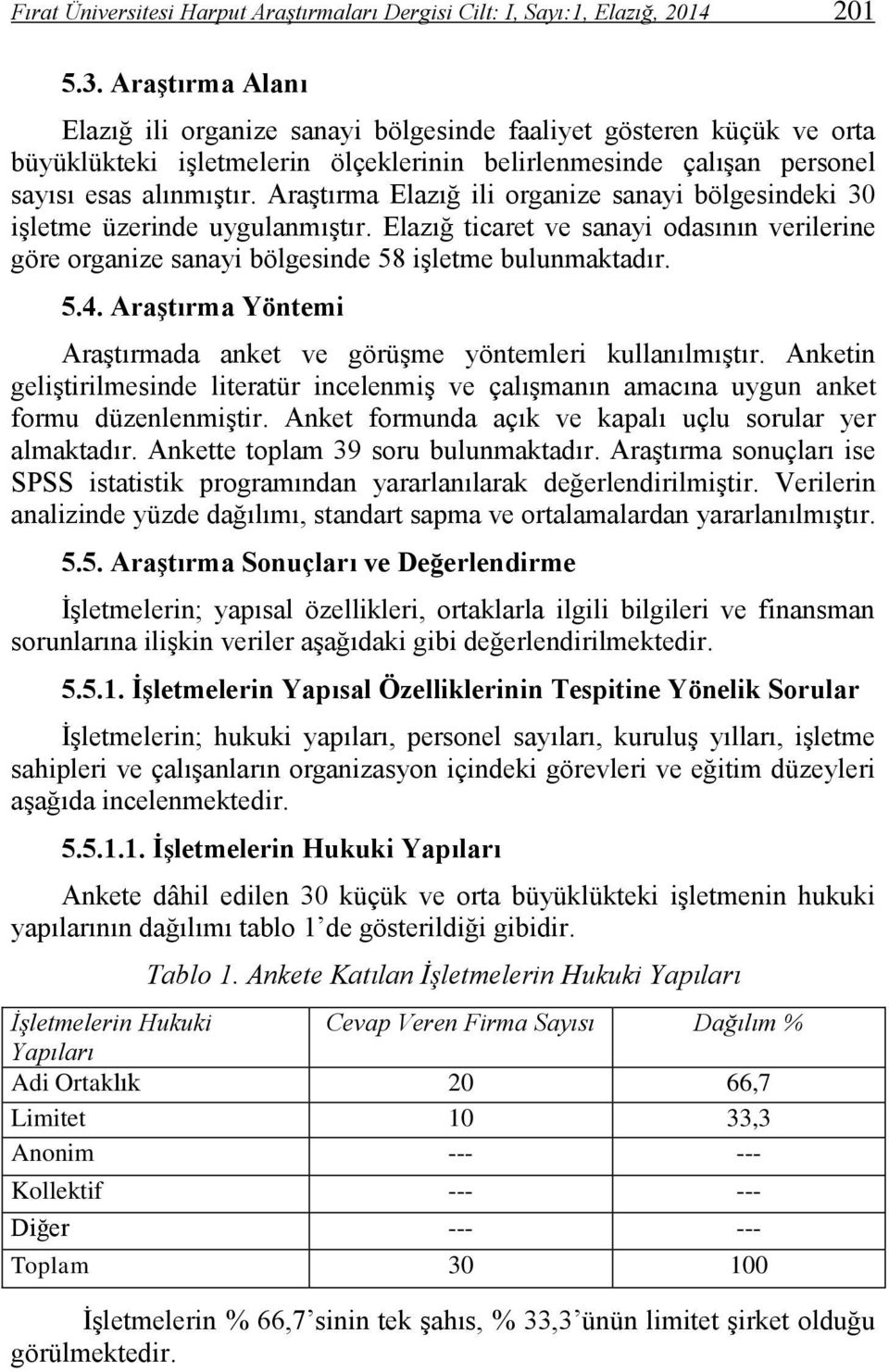 Araştırma Elazığ ili organize sanayi bölgesindeki 30 işletme üzerinde uygulanmıştır. Elazığ ticaret ve sanayi odasının verilerine göre organize sanayi bölgesinde 58 işletme bulunmaktadır. 5.4.