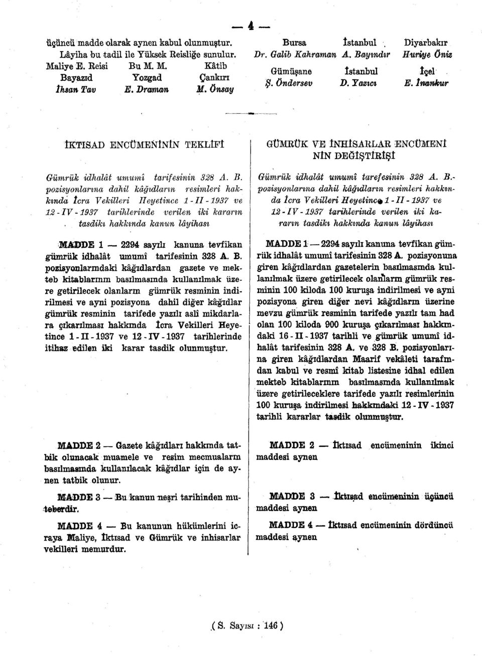 yındır Huriye öniz Gümüşane İstanbul içel Ş. önder&ev T>. Yazıcı E. îmmkur İKTISAD ENCÜMENİNİN TEKLİFİ Gümrük idhalât umumî tarifesinin 328 A. B.