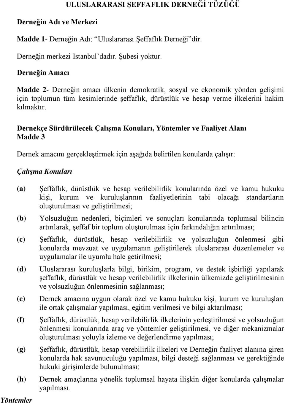 Dernekçe Sürdürülecek Çalışma Konuları, Yöntemler ve Faaliyet Alanı Madde 3 Dernek amacını gerçekleştirmek için aşağıda belirtilen konularda çalışır: Çalışma Konuları (a) (b) (c) (d) (e) (f) (g) (h)