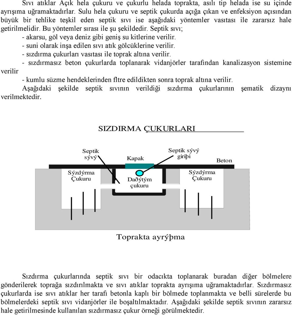 Bu yöntemler sırası ile şu şekildedir. Septik sıvı; - akarsu, göl veya deniz gibi geniş su kitlerine verilir. - suni olarak inşa edilen sıvı atık gölcüklerine verilir.