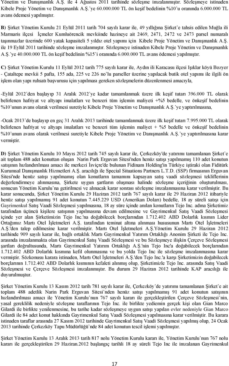 parsel numaralı taşınmazlar üzerinde 600 yatak kapasiteli 5 yıldız otel yapımı için Kibele Proje Yönetim ve Danışmanlık A.Ş. ile 19 Eylül 2011 tarihinde sözleşme imzalanmıştır.