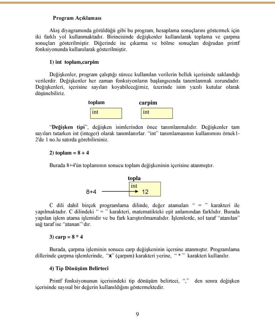 1) int toplam,carpim Değişkenler, program çalıştığı sürece kullanılan verilerin bellek içerisinde saklandığı verilerdir. Değişkenler her zaman fonksiyonların başlangıcında tanımlanmak zorundadır.