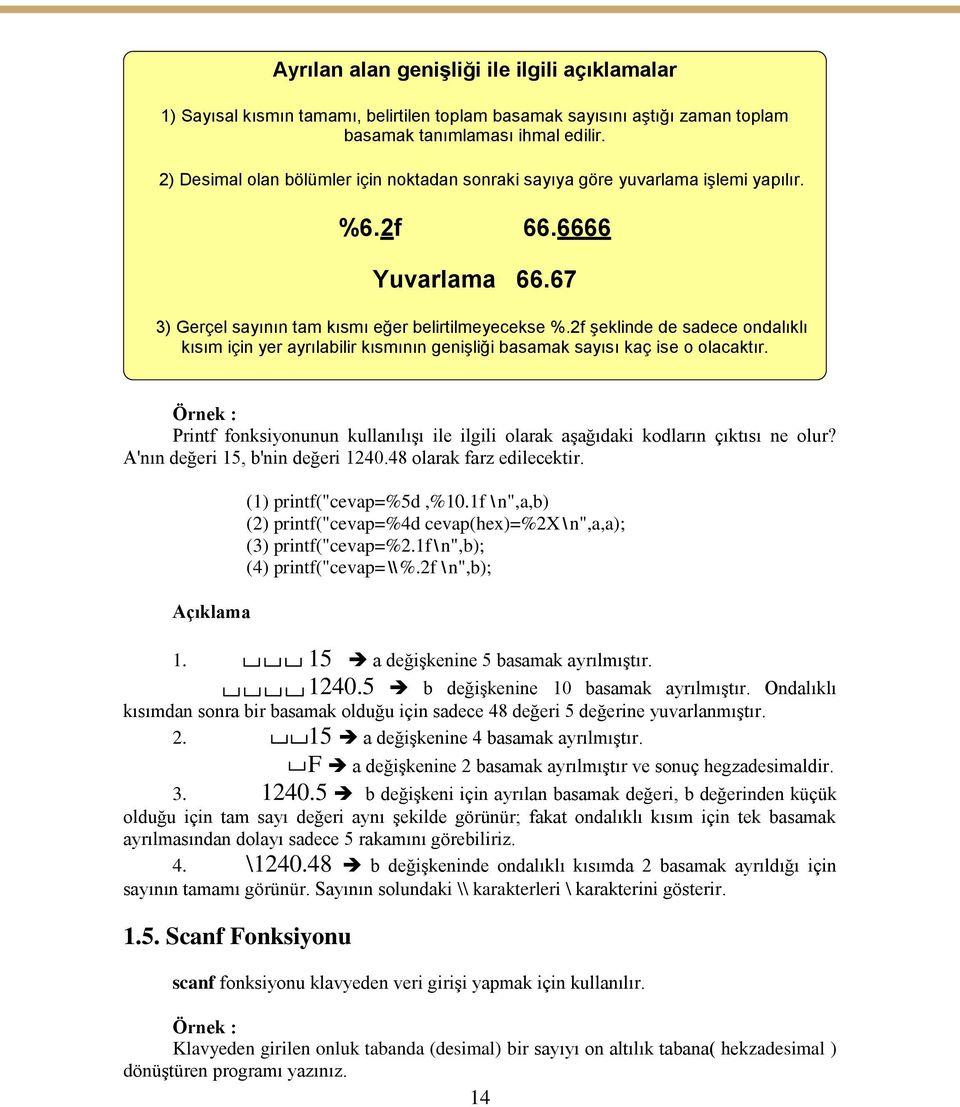 2f şeklinde de sadece ondalıklı kısım için yer ayrılabilir kısmının genişliği basamak sayısı kaç ise o olacaktır.