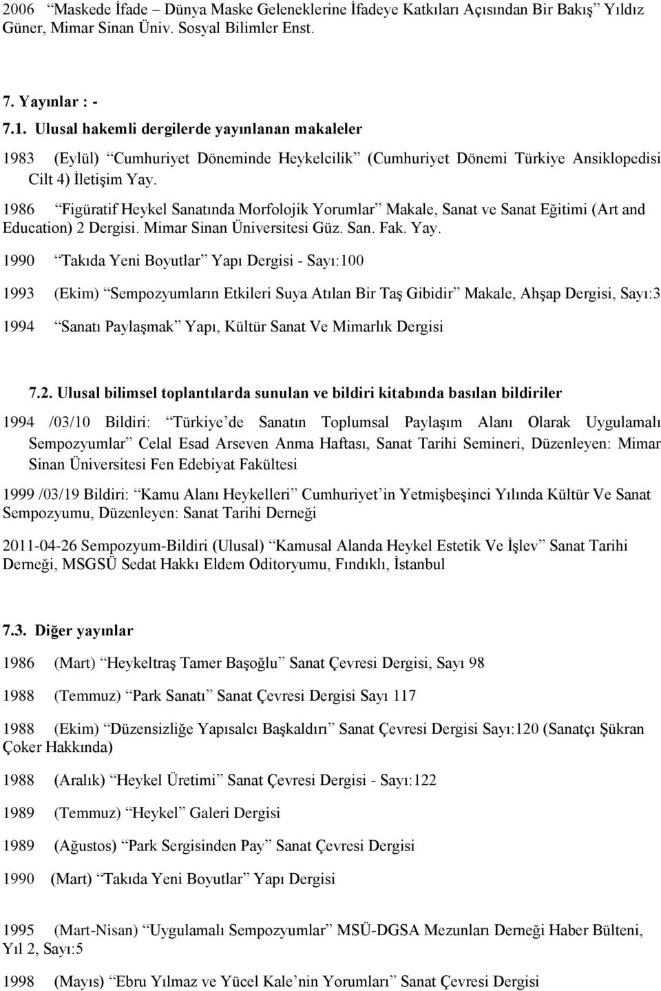 1986 Figüratif Heykel Sanatında Morfolojik Yorumlar Makale, Sanat ve Sanat Eğitimi (Art and Education) 2 Dergisi. Mimar Sinan Üniversitesi Güz. San. Fak. Yay.