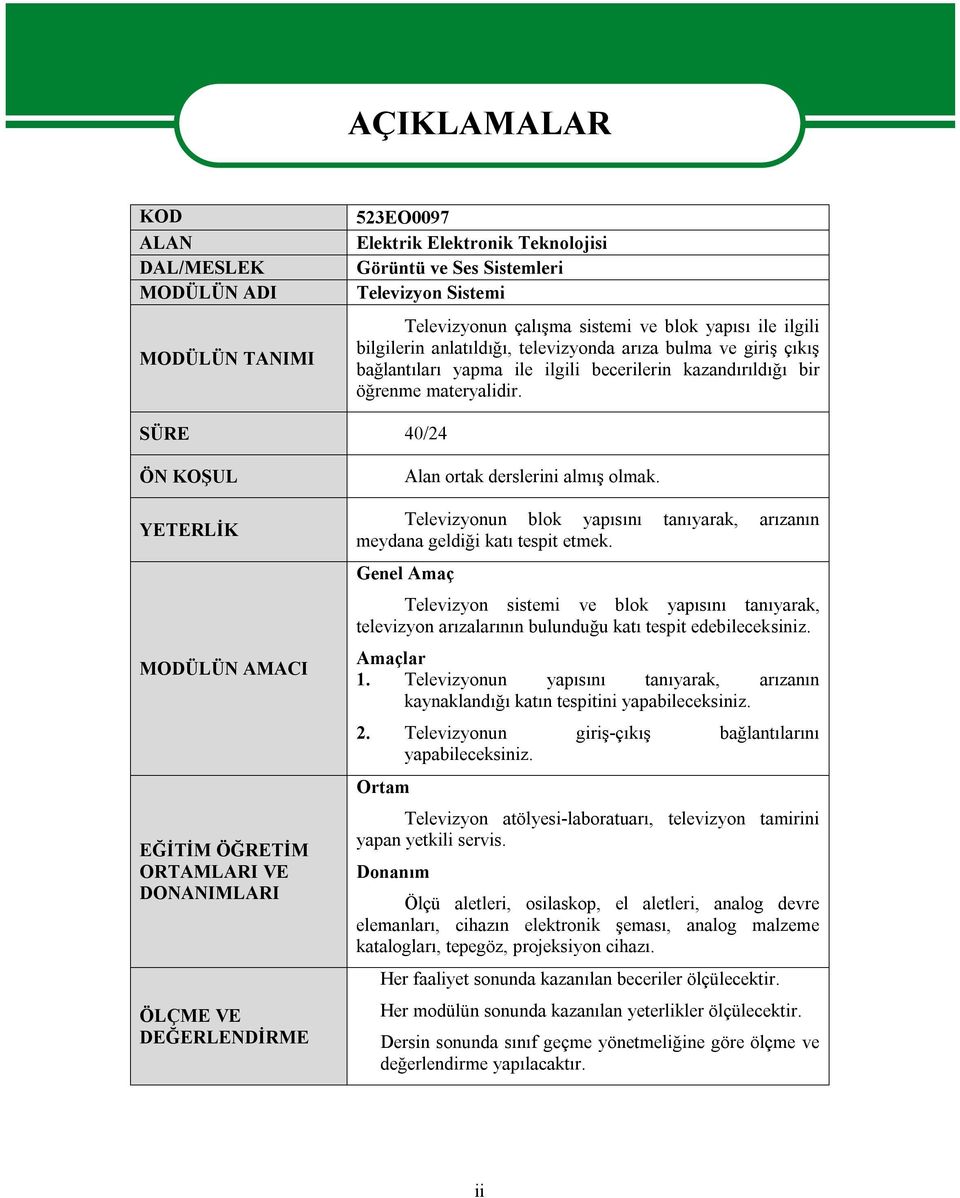 SÜRE 40/24 ÖN KOŞUL YETERLİK MODÜLÜN AMACI EĞİTİM ÖĞRETİM ORTAMLARI VE DONANIMLARI ÖLÇME VE DEĞERLENDİRME Alan ortak derslerini almış olmak.