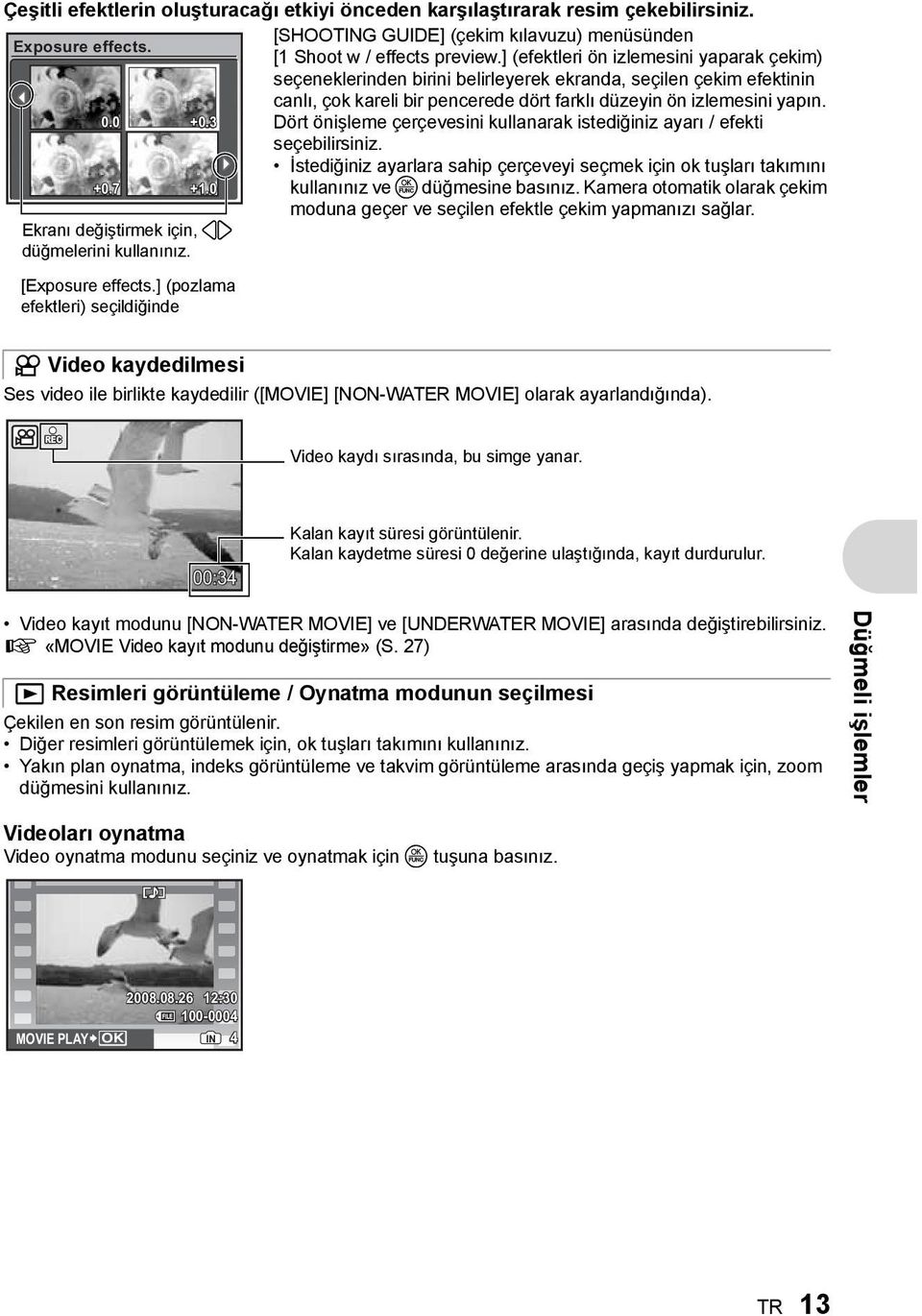 0 seçeneklerinden birini belirleyerek ekranda, seçilen çekim efektinin canlı, çok kareli bir pencerede dört farklı düzeyin ön izlemesini yapın.