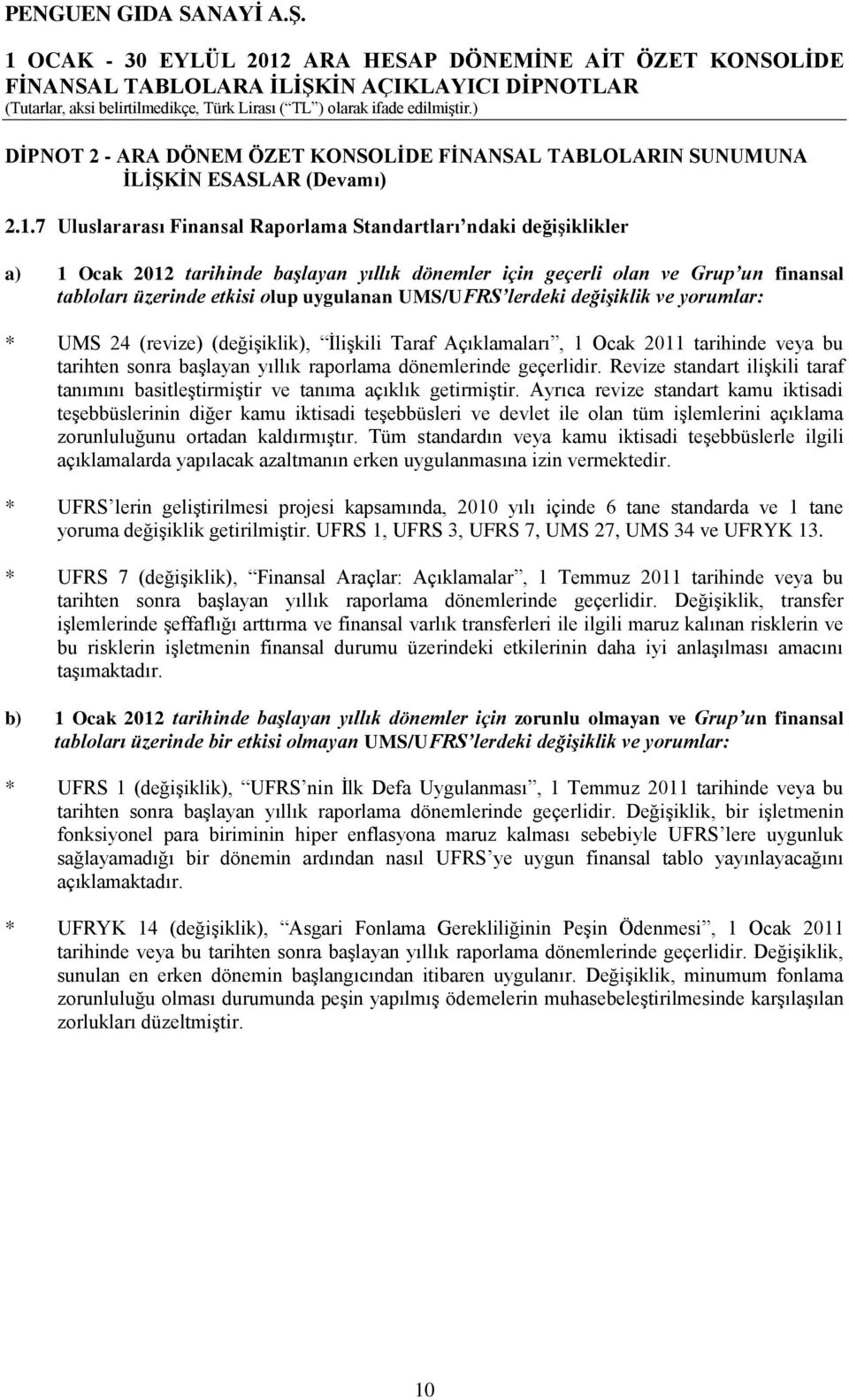 UMS/UFRS lerdeki değişiklik ve yorumlar: * UMS 24 (revize) (değişiklik), İlişkili Taraf Açıklamaları, 1 Ocak 2011 tarihinde veya bu tarihten sonra başlayan yıllık raporlama dönemlerinde geçerlidir.