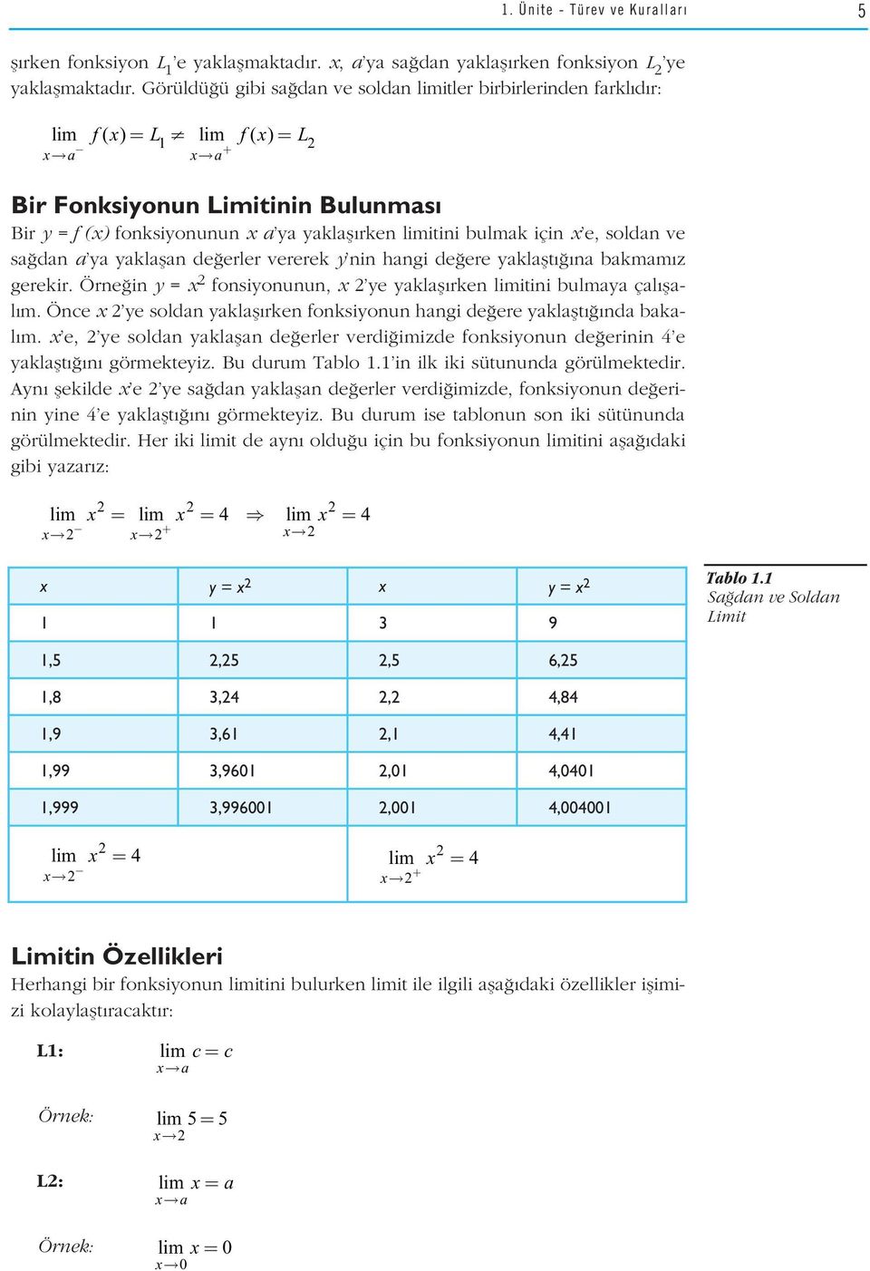 bulmak için x e, soldan ve sa dan a ya yaklaflan de erler vererek y nin hangi de ere yaklaflt na bakmam z gerekir. Örne in y = x fonsiyonunun, x ye yaklafl rken limitini bulmaya çal flal m.