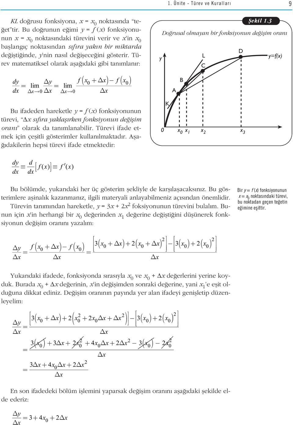 Türev matematiksel olarak afla daki gibi tan mlan r: dy dx y = lim = x x lim 0 x 0 ( ) ( ) f x + x f x x 0 0 fiekil.