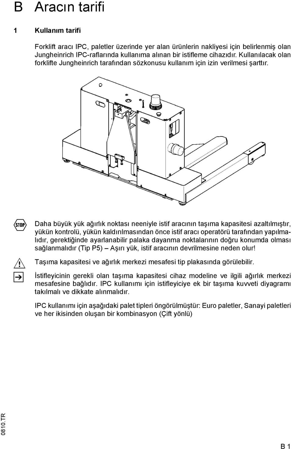 F Daha büyük yük ağırlık noktası neeniyle istif aracının taşıma kapasitesi azaltılmıştır, yükün kontrolü, yükün kaldırılmasından önce istif aracı operatörü tarafından yapılmalıdır, gerektiğinde