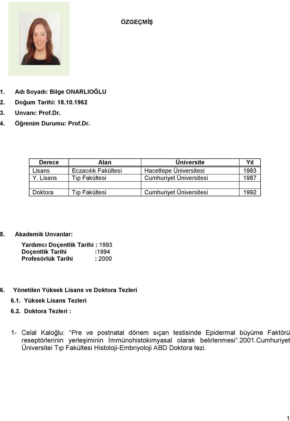 Akademik Unvanlar: Yardımcı Doçentlik Tarihi : 1993 Doçentlik Tarihi :1994 Profesörlük Tarihi : 20