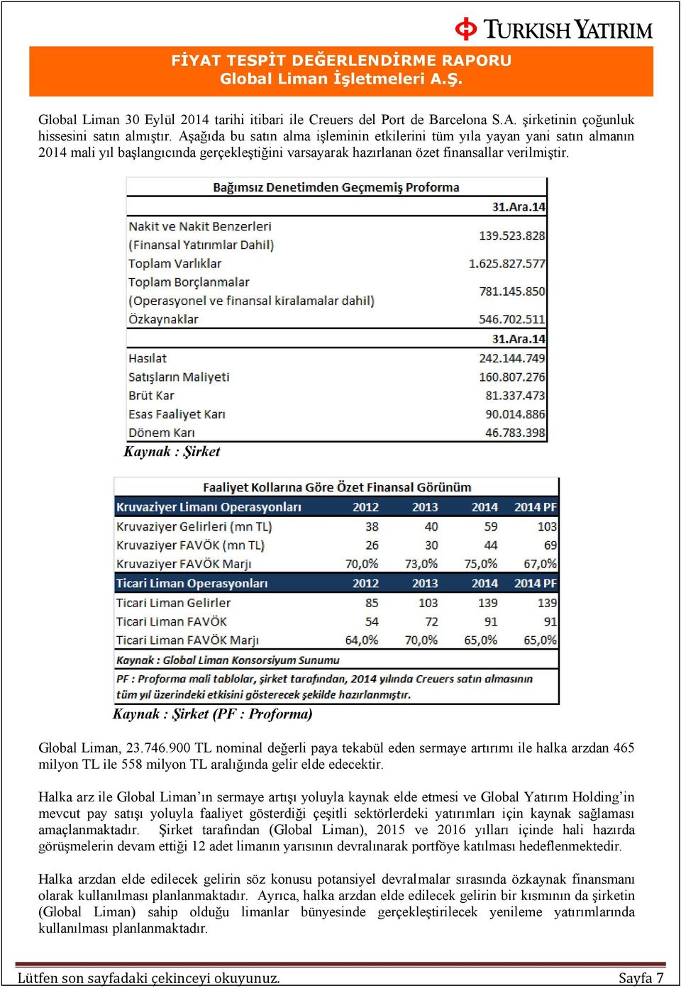 Kaynak : Şirket Kaynak : Şirket (PF : Proforma) Global Liman, 23.746.