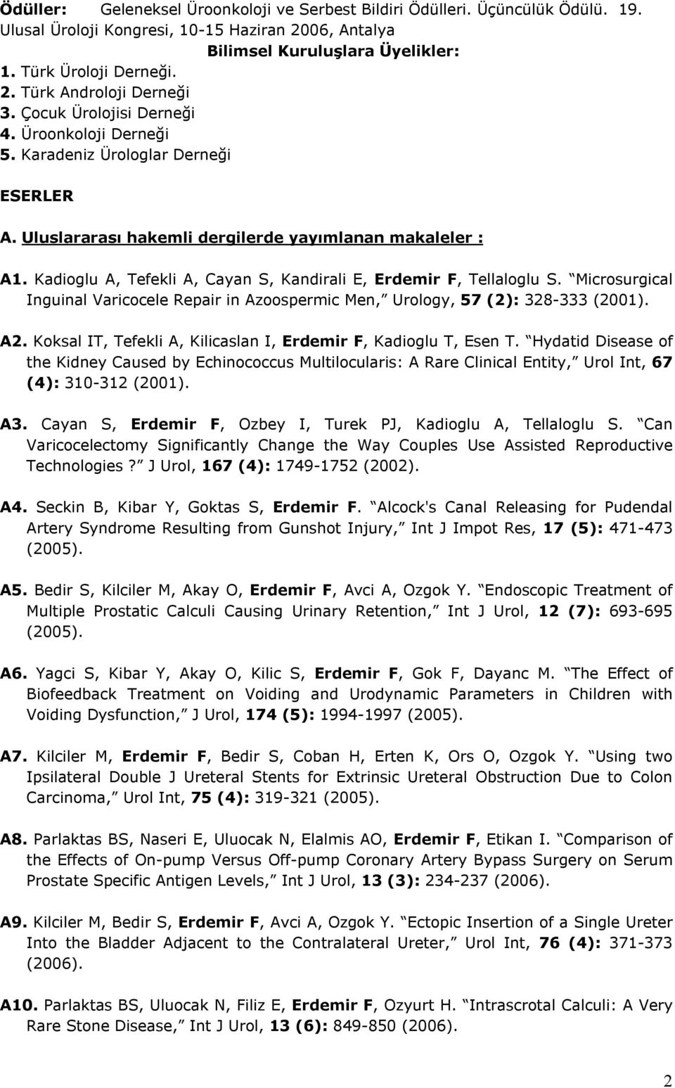 Kadioglu A, Tefekli A, Cayan S, Kandirali E, Erdemir F, Tellaloglu S. Microsurgical Inguinal Varicocele Repair in Azoospermic Men, Urology, 57 (2): 328-333 (2001). A2.