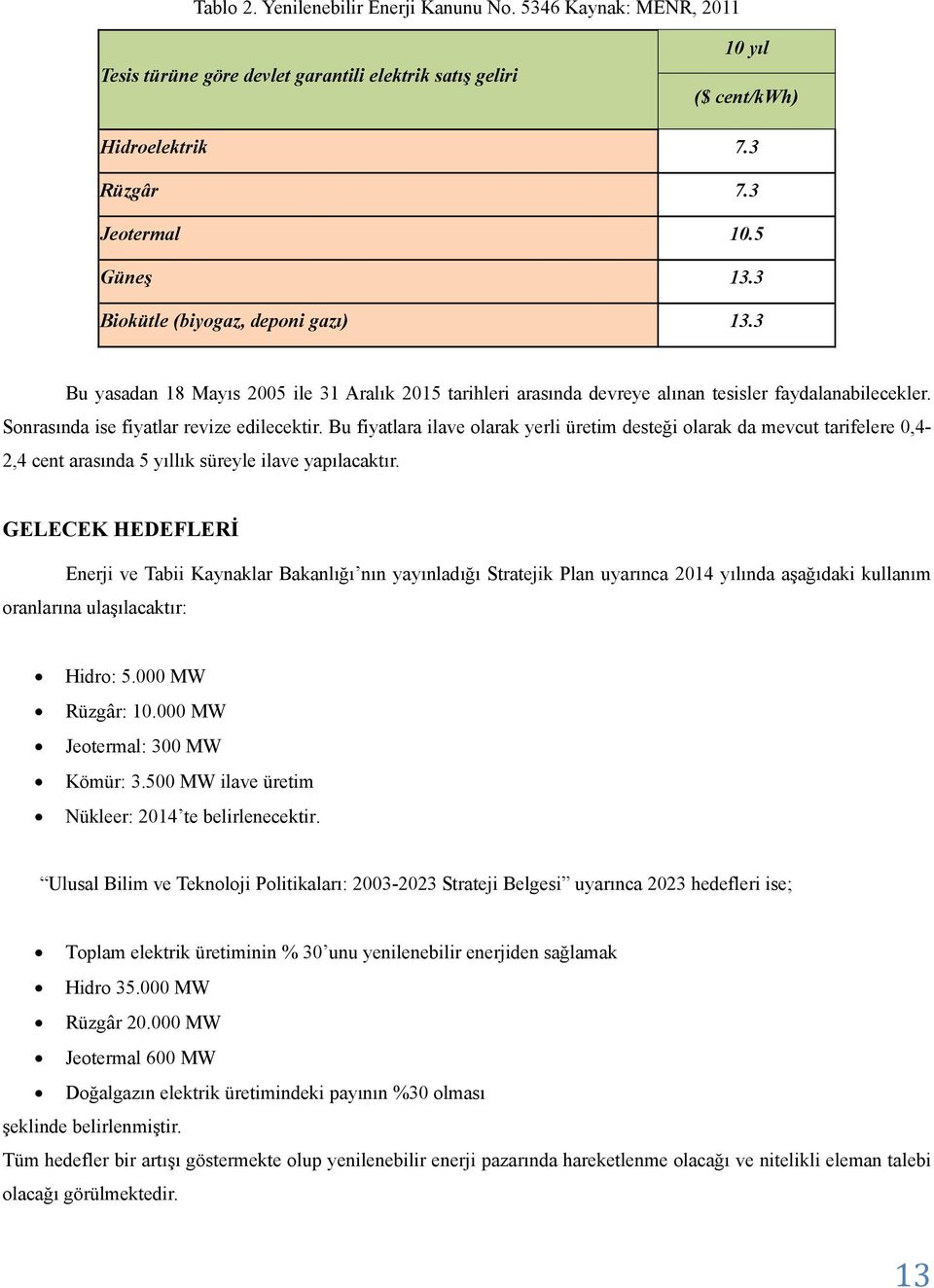 Bu fiyatlara ilave olarak yerli üretim desteği olarak da mevcut tarifelere 0,4-2,4 cent arasında 5 yıllık süreyle ilave yapılacaktır.