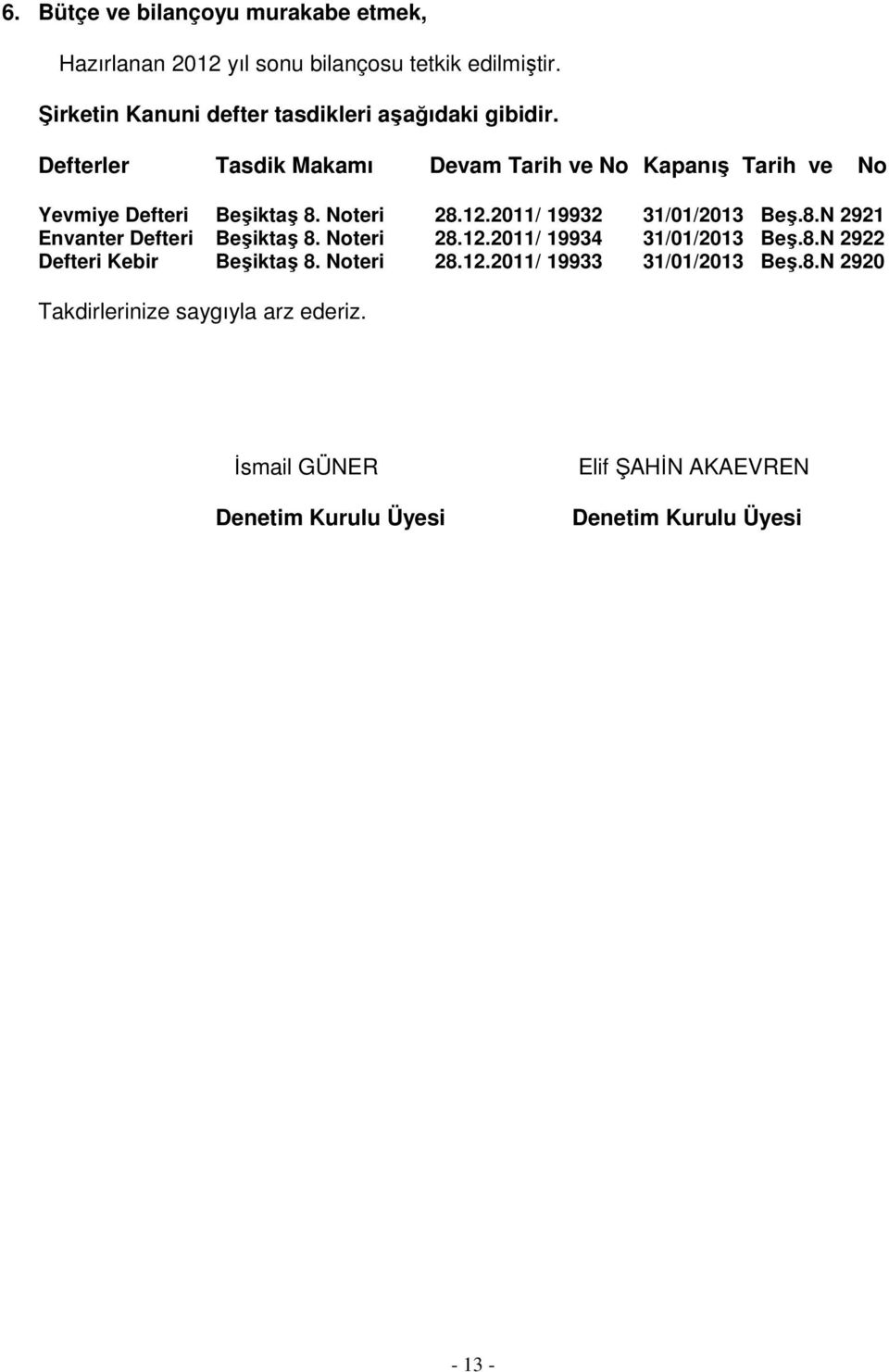 Defterler Tasdik Makamı Devam Tarih ve No Kapanış Tarih ve No Yevmiye Defteri Beşiktaş 8. Noteri 28.12.2011/ 19932 31/01/2013 Beş.8.N 2921 Envanter Defteri Beşiktaş 8.