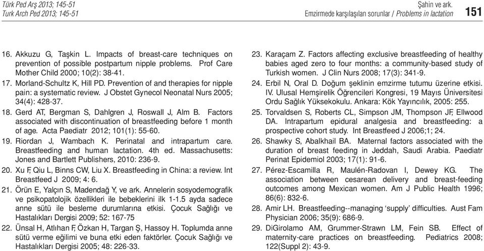 Gerd AT, Bergman S, Dahlgren J, Roswall J, Alm B. Factors associated with discontinuation of breastfeeding before month of age. Acta Paediatr 202; 0(): 55-60. 9. Riordan J, Wambach K.