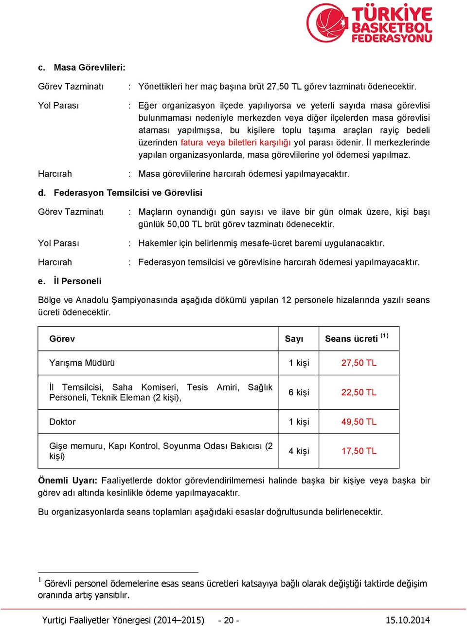 rayiç bedeli üzerinden fatura veya biletleri karşılığı yol parası ödenir. İl merkezlerinde yapılan organizasyonlarda, masa görevlilerine yol ödemesi yapılmaz.