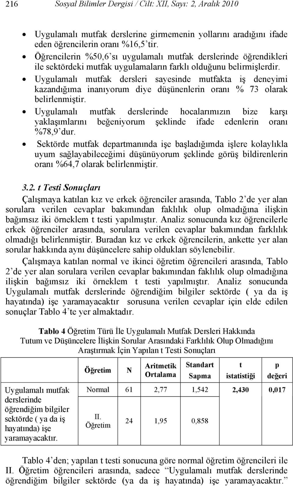 mutfakta iş deneyimi kazandığıma inanıyorum diye düşünenlerin oranı % 73 olarak belirlenmiştir.