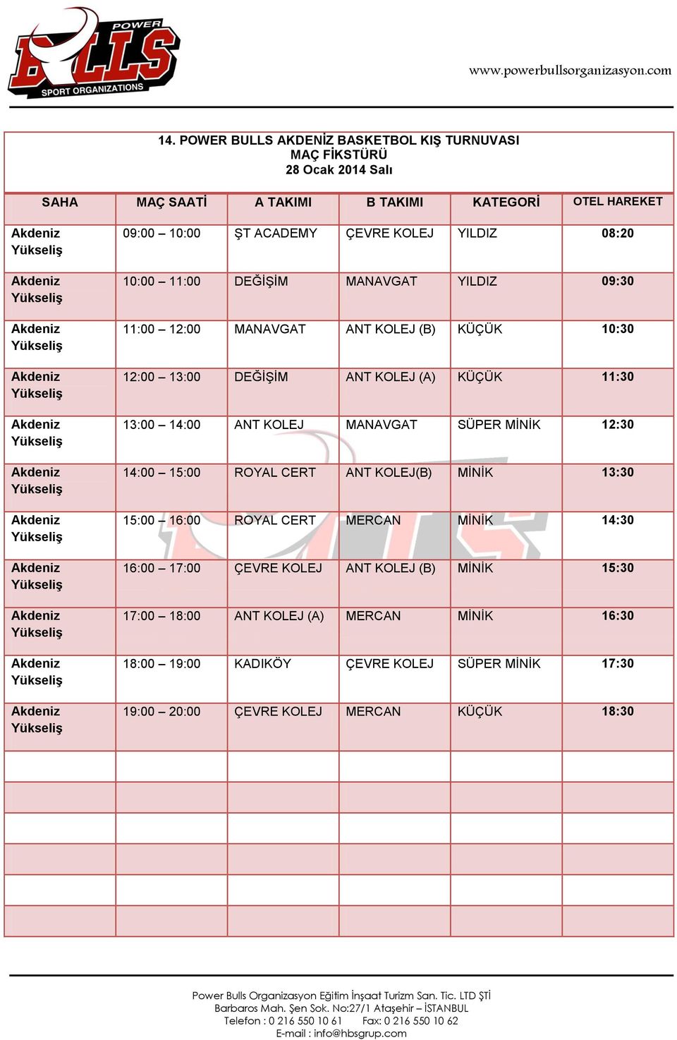 15:00 ROYAL CERT ANT KOLEJ(B) MİNİK 13:30 15:00 16:00 ROYAL CERT MERCAN MİNİK 14:30 16:00 17:00 ÇEVRE KOLEJ ANT KOLEJ (B) MİNİK