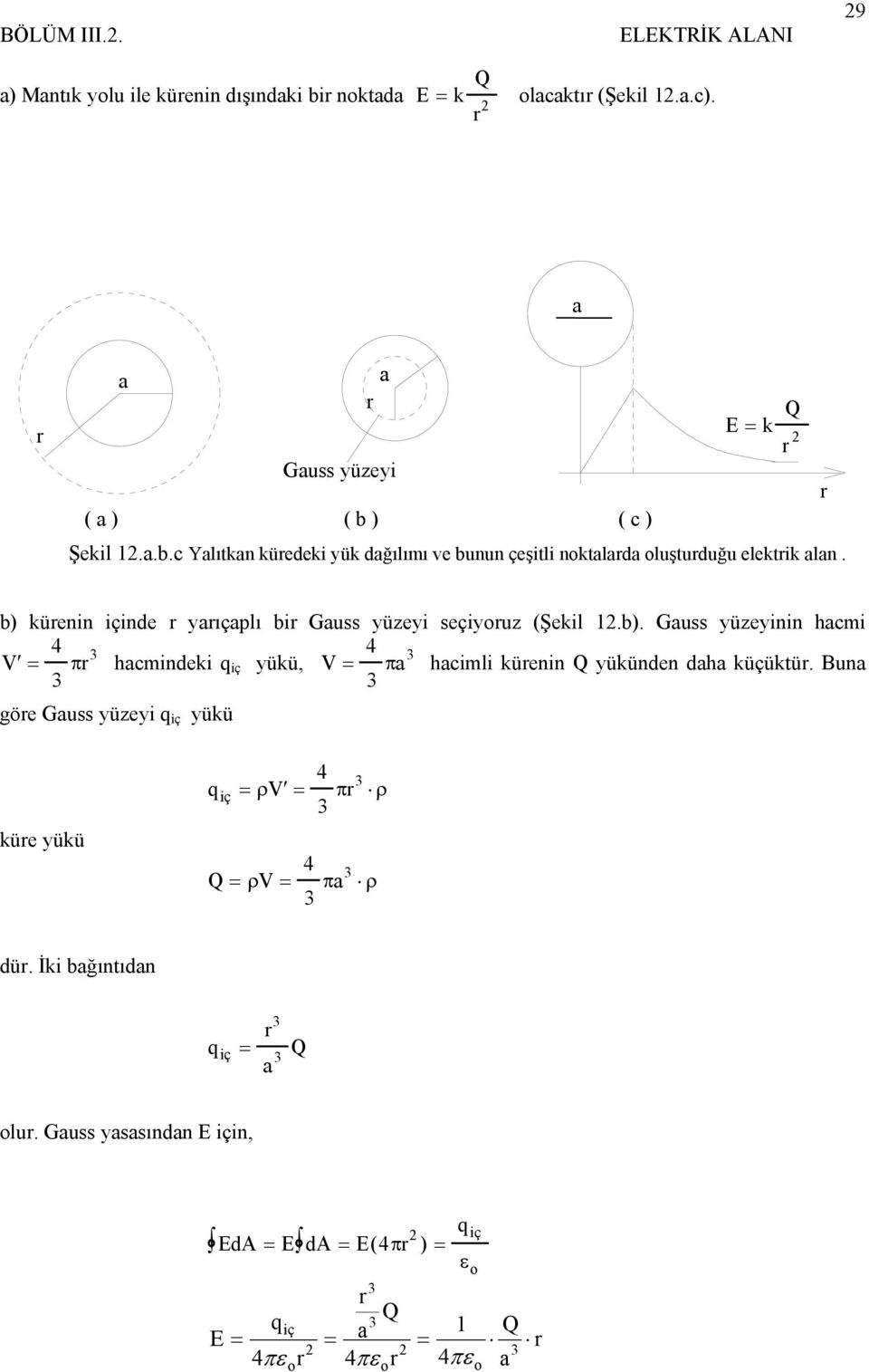 Bun göe Guss yüzeyi q iç yükü küe yükü qiç = ρ V = 4 π ρ 4 Q = ρv = π ρ dü. İki bğıntıdn q iç = Q lu.