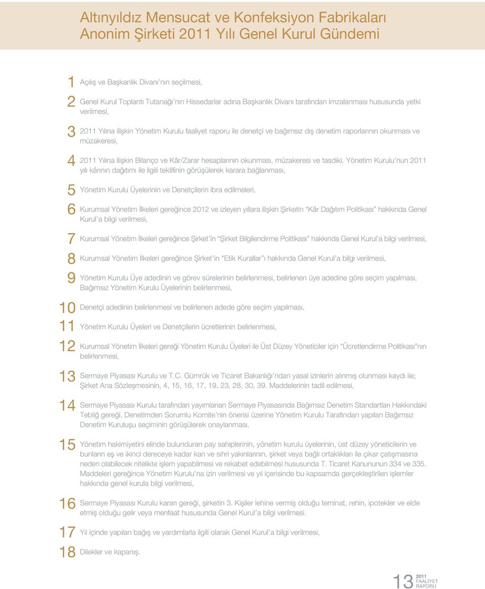 raporlarının okunması ve müzakeresi, 2011 Yılına ilişkin Bilanço ve Kâr/Zarar hesaplarının okunması, müzakeresi ve tasdiki.