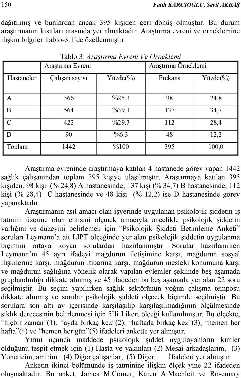 Tablo 3: Araştırma Evreni Ve Örneklemi Araştırma Evreni Araştırma Örneklemi Hastaneler Çalışan sayısı Yüzde(%) Frekans Yüzde(%) A 366 %25.3 98 24,8 B 564 %39.1 137 34,7 C 422 %29.3 112 28,4 D 90 %6.