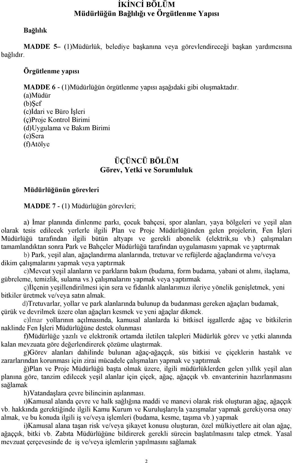 (a)müdür (b)şef (c)idari ve Büro İşleri (ç)proje Kontrol Birimi (d)uygulama ve Bakım Birimi (e)sera (f)atölye ÜÇÜNCÜ BÖLÜM Görev, Yetki ve Sorumluluk Müdürlüğünün görevleri MADDE 7 - (1) Müdürlüğün