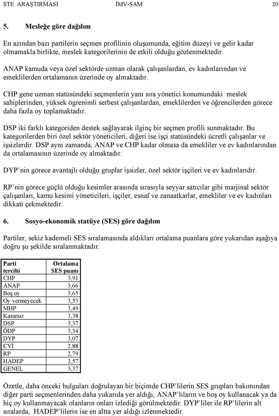 ANAP kamuda veya özel sektörde uzman olarak çalışanlardan, ev kadınlarından ve emeklilerden ortalamanın üzerinde oy almaktadır.