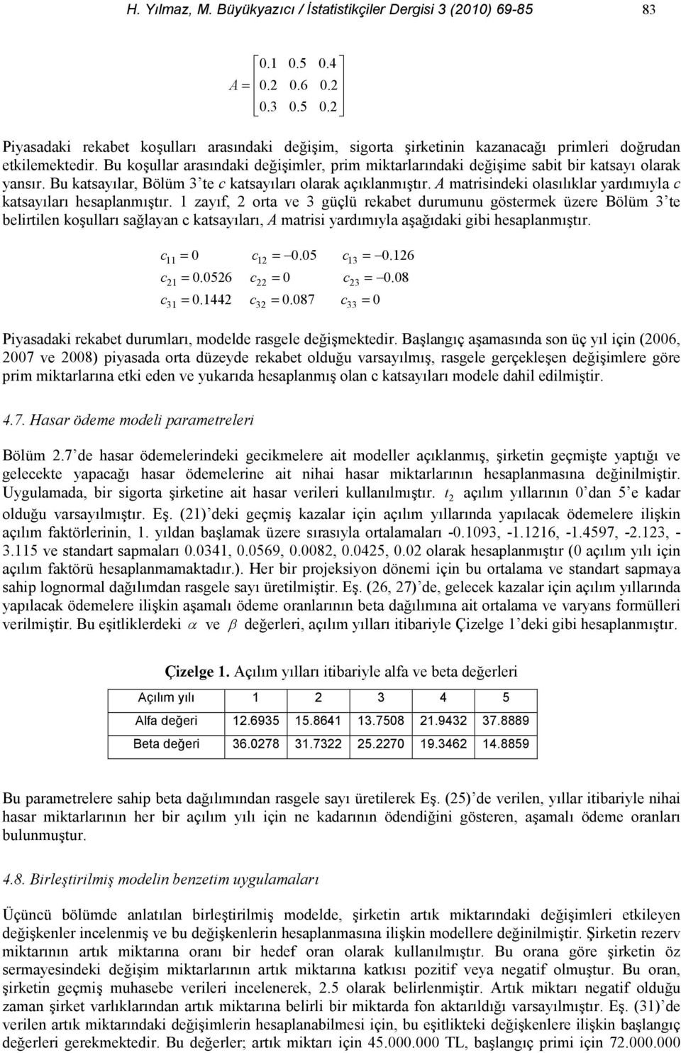 zayf, ora ve 3 güçlü rekabe durumunu gösermek üzere Bölüm 3 e belirilen koullar sa"layan c kasaylar, A marisi yardmyla aa"daki gibi hesaplanmr. c = c =.5 c3 =.6 c =.56 c = c3 =.8 c =.44 c =.