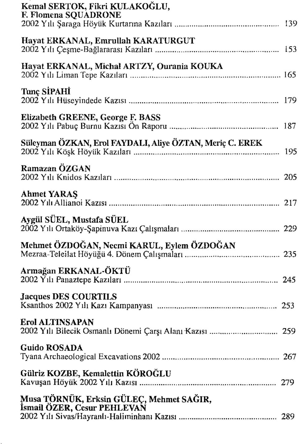 Tepe Kazıları 165 Thnç sipahi 2002 Yılı Hüseyindede Kazısı 179 Elizabeth GREENE, George F. BASS 2002 Yılı Pabuç Burnu Kazısı Ön Raporu 187 Süleyman ÖZKAN, Erol FAYDALı, Aliye ÖZTAN, Meriç C.