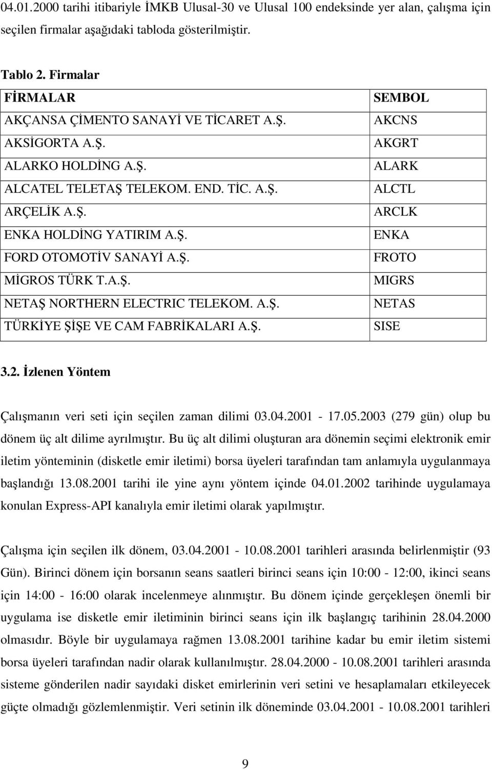 . SEMBOL AKCNS AKGRT ALARK ALCTL ARCLK ENKA FROTO MIGRS NETAS SISE 3.2. zlenen Yöntem Çalımanın veri seti için seçilen zaman dilimi 03.04.2001-17.05.